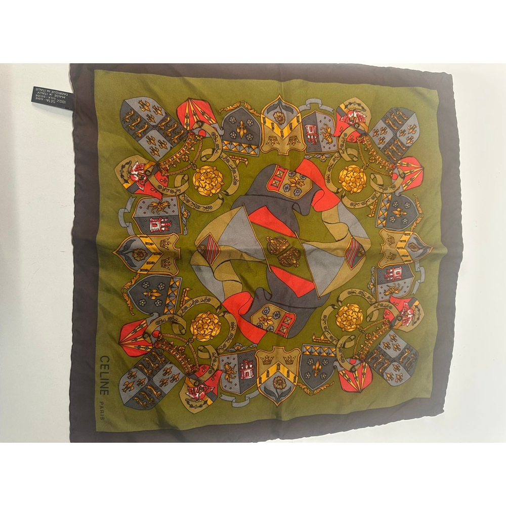 Women's Celine Olive Green & Brown Heraldic Print Silk Scarf One Size